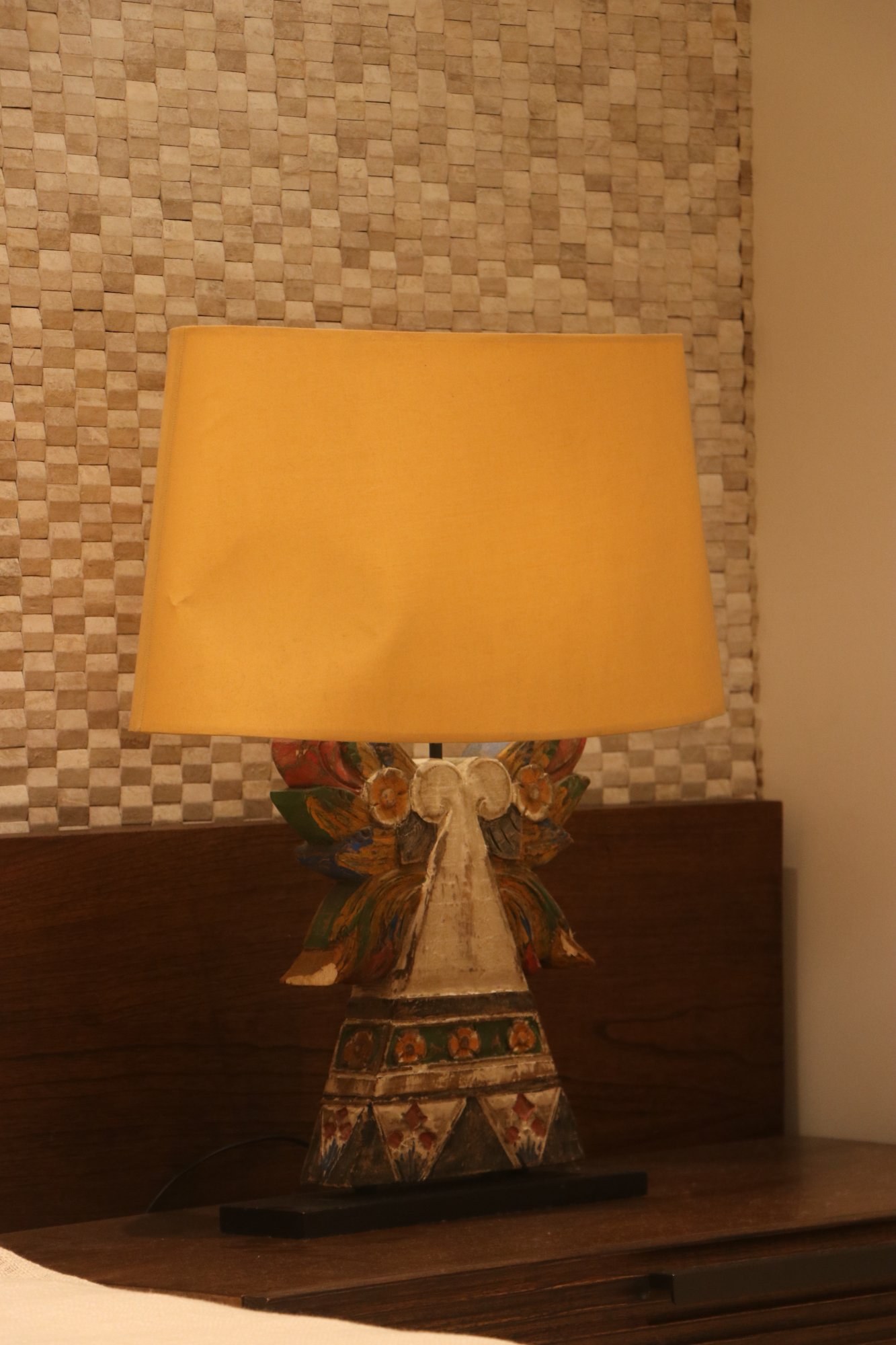 KAYU Entrance Corridor — Carved Panels, Lamp