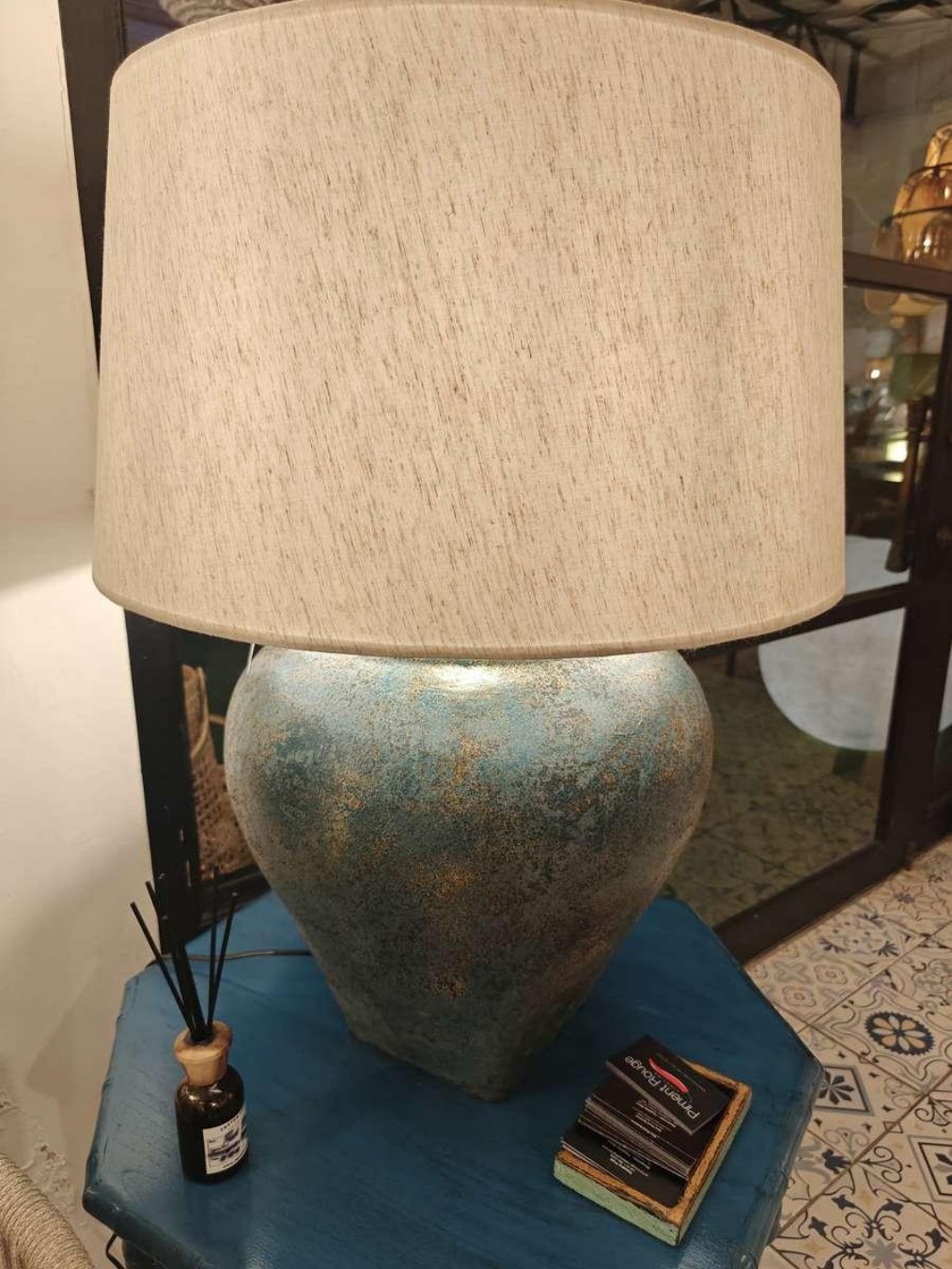 Blue Ceramic Drum Lamp