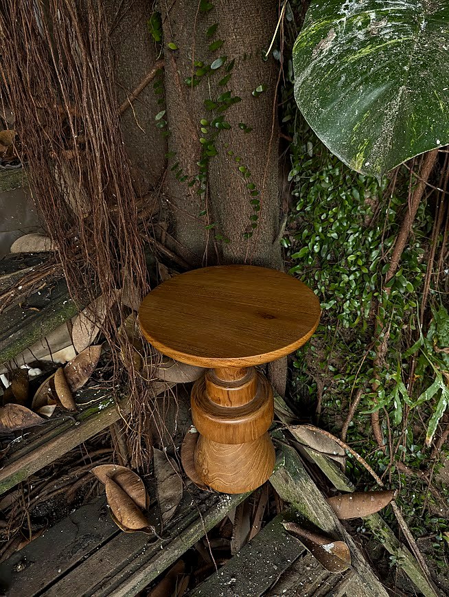 Turned Teak Pedestal Side Table